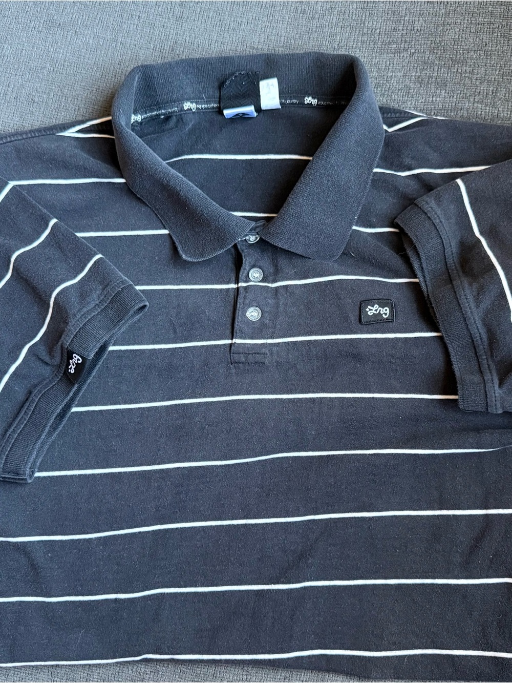 LRG Faded Black Striped Polo with Chest Patch - Black & White Size XXL